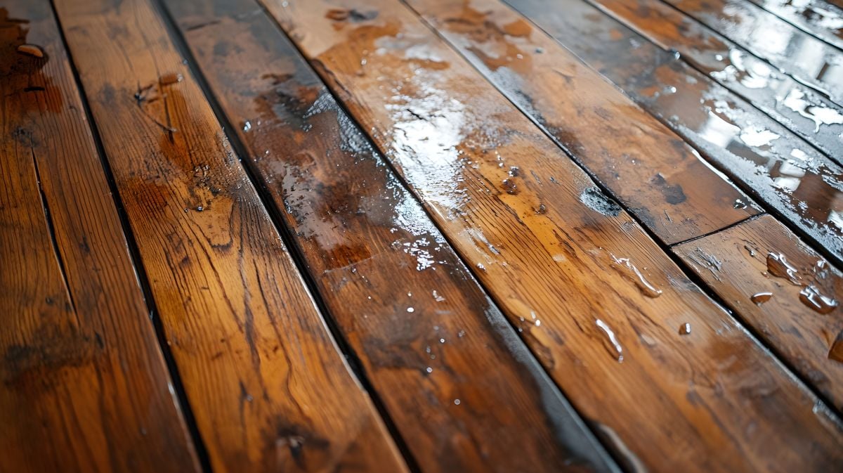 Detailed view of water damage on wooden floors, water pooling between floorboards